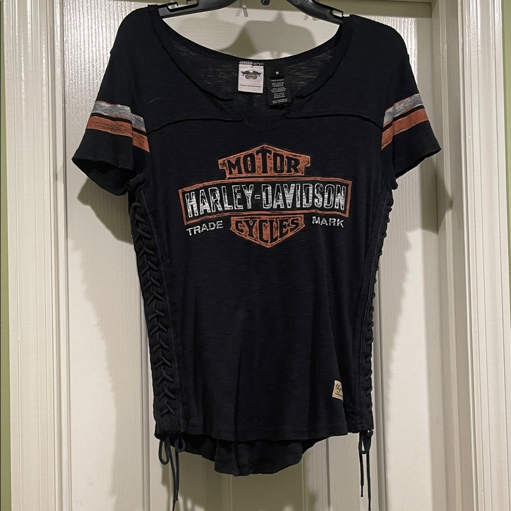 Harley-Davidson Women's Black and Orange Lace-Up Tee